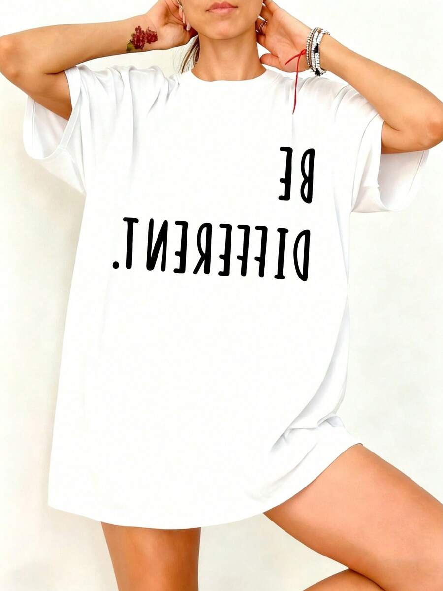 Camiseta Oversize Blanca Con Estampado Be Different Para Ocio - Blanco - Ver 1
