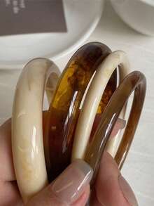 4pcs Vintage Casual Blue Acrylic Bangle Bracelet Set, Fashionable Tube Design Suitable For Daily Wear, Women Acrylic Material No Inlay Craftsmanship, Suitable For Daily, Party And Beach Occasions - Brown - View 6