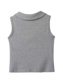 Girly Korean Style Summer Tank Top For Women - Peter Pan Collar Ruffle Trim Sleeveless Casual Top - Grey - View 3