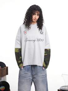 MT99 Faux Two-Piece Printed Mandarin Collar Long Sleeve T-Shirt, Couple Matching - Light Grey - View 2