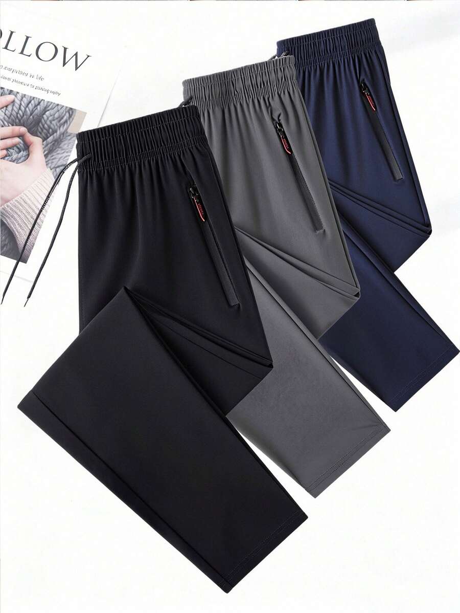 Calça feminina leve, casual, esportiva, de perna reta, com bolsos com zíper, cintura elástica, ideal para exercícios e uso diário, primavera/outono (1 peça).