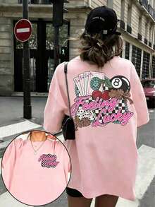 1pcsEMERY ROSE Graphic Tee Feeling Lucky Rodeo Shirt Retro Country Concert Top,Going Out Tops For Women Shine Print Cotton Tees Summer Casual Shirts - 粉色 - 查看 14