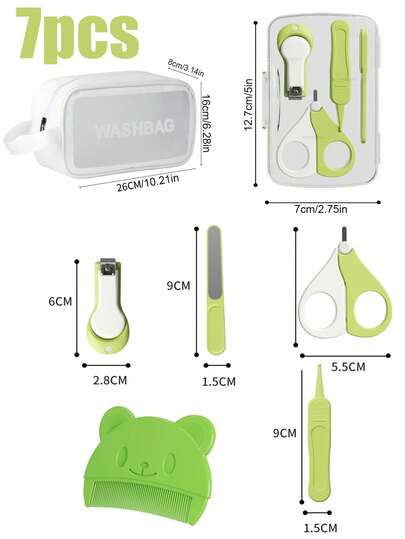 Bộ dụng cụ chăm sóc trẻ sơ sinh (Kìm cắt móng tay, kéo đầu tròn, dụng cụ vệ sinh móng, dũa móng, cọ rửa lông cho bé), các dụng cụ chăm sóc bé thiết yếu hàng ngày.