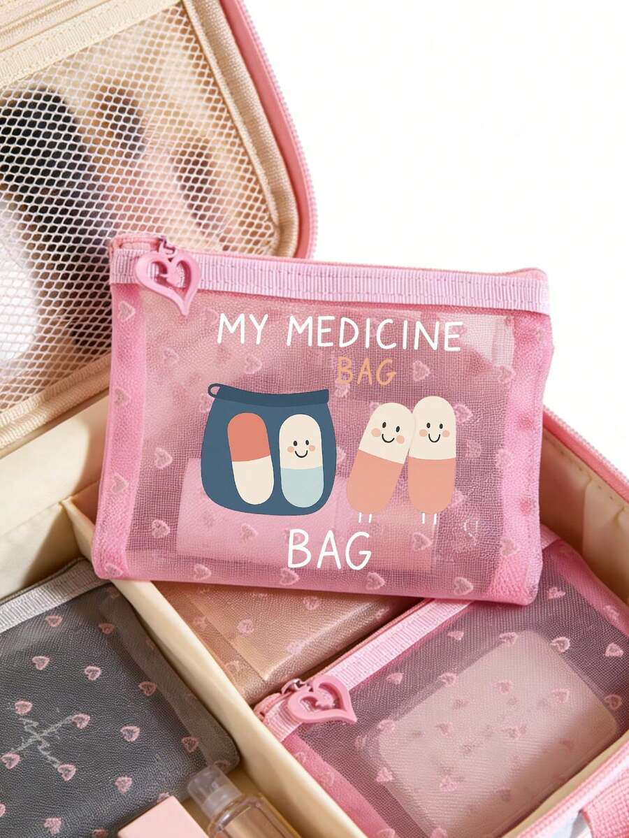 卡通药丸图案网眼收纳袋,多图案粉色爱心网眼药袋,便携式个人药品收纳盒,旅行分隔药盒,可爱少女化妆包,送给闺蜜的礼物 - 彩色 - 查看 1