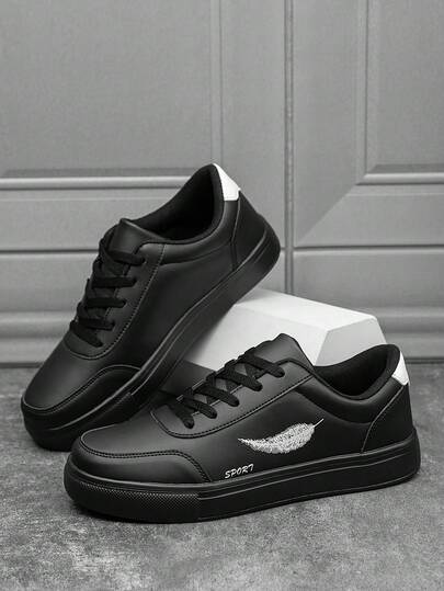 Men's Niche Design Fashion Contrast Color Feather Pattern Leather Patchwork Lace-Up Low-Top Casual Sports Shoes, Personality Teenager Outdoor Sports Daily Wear Versatile Soft Comfortable Commuter Sneakers