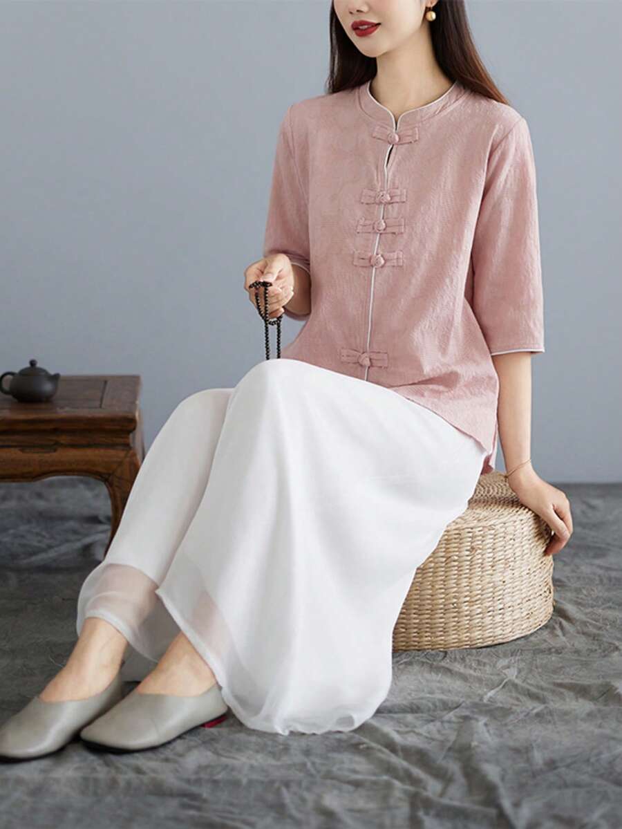 LUCIDVUE 2 pièces/Set Tenue Hanfu modifiée pour femmes Printemps/Été Costume Tang Top en lin Blouse rose Pantalon large en mousseline Jupe Tenue de yoga Élégante - Rose bonbon - Voir 1