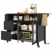 Kitchen Island With Removable Partitions, Dining Trolley With Worktop, Sideboard, Dining Trolley With Wood-Grain Glass Display Case, Side Towel Rack With Casters, Black - Black - View 3
