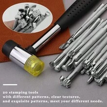 KLONKEE 20件/21件套DIY皮革工艺工具套装，皮革压花工具，含珠宝橡胶锤、珠宝打孔器、皮革雕刻压花打孔工具 - 皮革鋼印 - 查看 7
