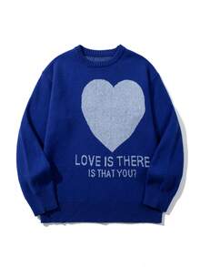 Sweater Rajut Pullover Pria Gaya Korea, Warna Blok, Lucu, Gaya Kampus, Kerah Bulat, Lengan Panjang, Longgar, Bergaris, Motif Hati Malas, Musim Gugur/Dingin - Biru - View 6