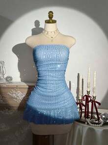Vestido de verano con volantes con lentejuelas y sin tirantes para mujer - Azul - Ver 3