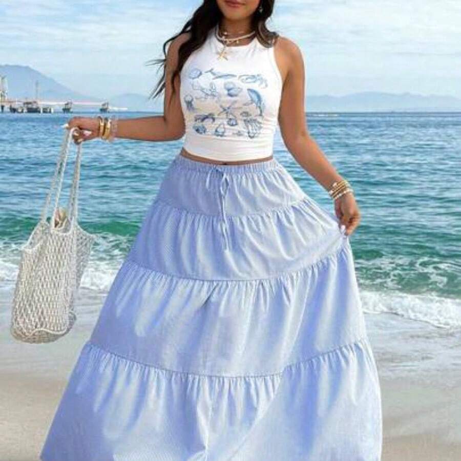 GalTyme Mint Green Round Neck Tank Top And Midi Skirt Casual 2 Pieces Set, Plus Size - Multicolor - Ver 1