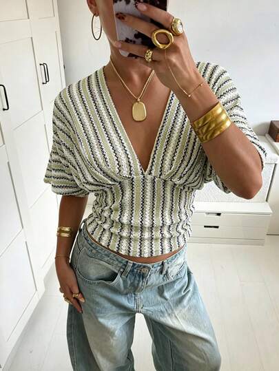 Elegant Striped V-Neck Women's Short Sleeve Top, Waist-Cinched Loose Short Style, Suitable For Casual, Daily, And Summer Holiday Wear