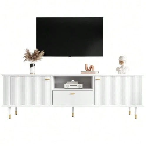 TV Cabinet With Open Compartments And Drawers, Lacquered Textured Surface, Soft-Close Hinges - White - View 1
