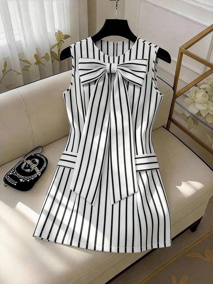 Vestido mini elegante sin mangas con cuello redondo, lazo en la cintura y lazada para mujer - Blanco y Negro - Ver 1
