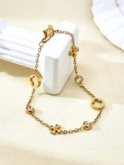 TONSI 1件韩式奢华时尚优雅ins风不锈钢18K镀金镂空四叶草十字花手链，适合节日、工作、日常佩戴、派对、聚会等场合，女士饰品