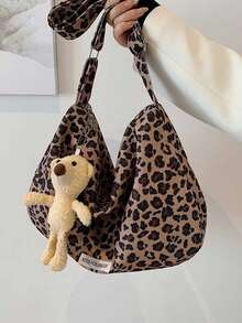 Leopard Print Corduroy Crossbody Bag With A Teddy Bear Charm - A Casual Sporty Dumpling Bag With An Adjustable Shoulder Strap. A New Autumn/Winter Corduroy Bag For Students, This Versatile Crossbody Bag Is Lightweight, Features A Zip Closure, Polyester Lining, Solid Color, And Distressed Trim Details. Suitable For Fashionable Women - Perfect For Everyday Use, Travel, And Shopping - The Perfect Gift For Girls And Young Women. - Multicolor - View 3