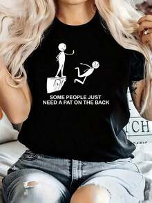 1 Pieza Camiseta de Talla Grande para Mujer con Estampado Gráfico Divertido "Algunas Personas Solo Necesitan Un Palmadazo en la Espalda", Manga Corta, Novedosa, 100% Poliéster, 220g, Cuello Redondo Casual - Negro - Ver 1