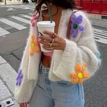 女款時尚休閒花卉裝飾長袖圓領開襟衫（寬鬆版型），舒適柔軟面料，白色休閒秋季款 - 白色 - 查看 13