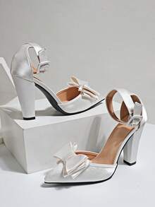 Chaussures à talons compensés mode polyvalentes avec boucle en satin de couleur abricot, bout pointu, 3 couches, ajouré, bande élastique réglable - Nude - Voir 6