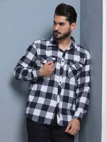 Men's Plaid Flannel Shirt, Regular Fit/Long Sleeve/Warm/Casual - 藏蓝色 - 查看 4