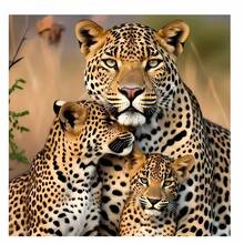 Pintura de diamantes 5D, "Leopardo madre y crías" Mosaico de pintura de diamantes, decoración del hogar perfecta, Kit de pintura de diamantes DIY - Arte de gemas redondas, Decoración de pared con tema de lienzo - Ver 1