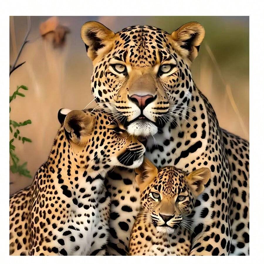 Pintura de diamantes 5D, "Leopardo madre y crías" Mosaico de pintura de diamantes, decoración del hogar perfecta, Kit de pintura de diamantes DIY - Arte de gemas redondas, Decoración de pared con tema de lienzo - Ver 1