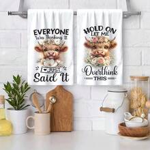 2pcs Highland Cow Pattern & Text Print Towel Set - Decorative Towels, Super Absorbent Microfiber, Machine Washable, Suitable For Holiday Decor, Cooking, Baking, Housewarming Gifts And Cleaning, Fit For Kitchen, Bathroom, Toilet - Multicolor - View 2