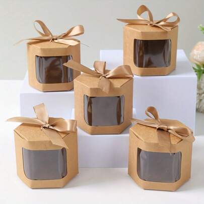 5 hộp quà hình lục giác bằng giấy Kraft có cửa sổ trong suốt, hoàn hảo cho đám cưới, sinh nhật, trang trí tiệc tân gia và đóng gói quà tặng nhỏ.