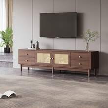 180cm Long TV Stand With A Dark Wood Finish, Two Rattan Doors, Four Drawers, Cable Management System, And Hydraulic Hinges. Suitable For TVs Up To 80 Inches. - 棕色 - 查看 6