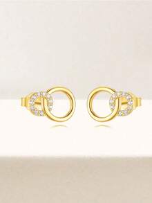 1 par de pendientes de plata de ley 925 con diseño minimalista de doble anillo entrelazado, estilo coreano chic de diseño pequeño y versátil, adecuado para uso diario de mujeres, pendientes circulares de delicados diamante de imitación con un toque sutil - redondo - Ver 3