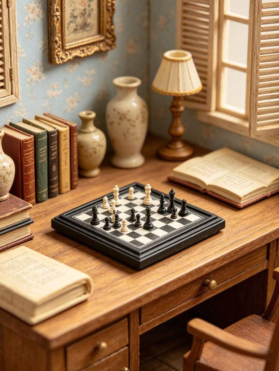 4.8cm Dollhouse Mini International Chess Set, Luxury Black & White Metal Chessboard, Black & White Chess Pieces, Chess Strategy Game, Mini Model Puzzle Props, Miniature BJD Scene, Fashionable Mini Chess, Miniature Home Decor Scene, Realistic Metal Chessboard & Pieces, Miniature Home Decor Props & Accessories - Multicolor - View 1