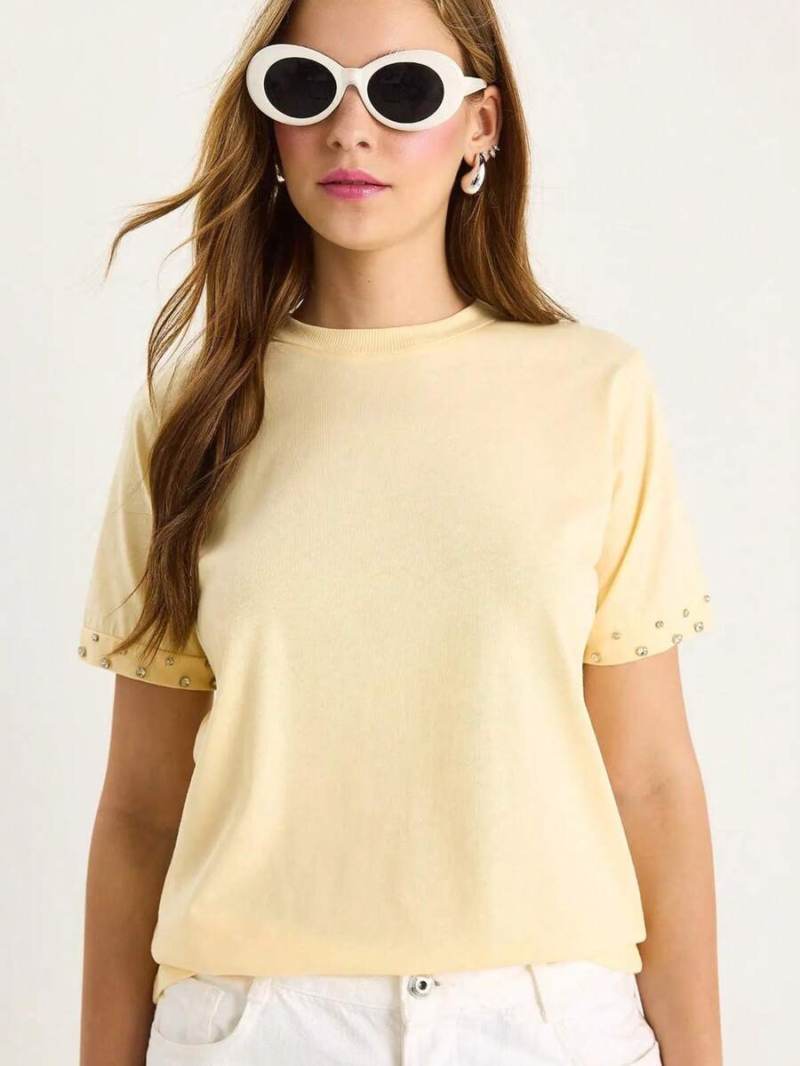 Solid V Neck Short Sleeve Tee Graphic Tees Back To School Clothes All White Streetwear - Apricot - View 1