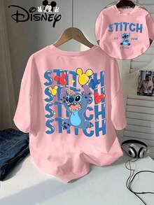 Disney Stitch Cartoon And Mickey Head Design | Colorful Balloons And Est 2002 Text, Elegant Summer Women'S Casual Fashion Printed T-Shirt - Pink - View 1