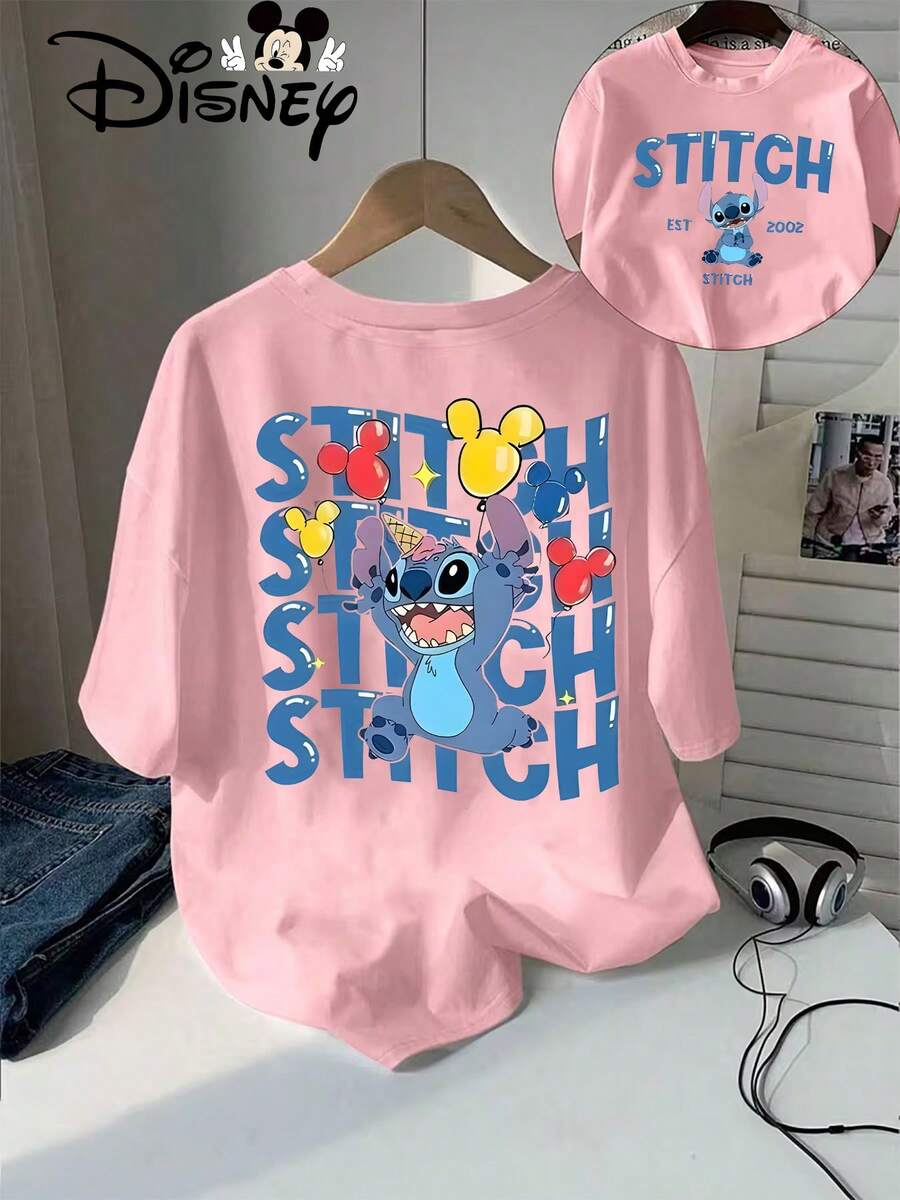 Disney Stitch Cartoon And Mickey Head Design | Colorful Balloons And Est 2002 Text, Elegant Summer Women'S Casual Fashion Printed T-Shirt - Pink - View 1