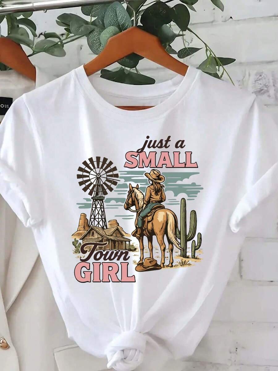 -  Western Cowgirl Graphic T-Shirt de las mujeres - "Sólo unequeña ciudad" Imprimir con molino de viento y diseño de cactus, cuello de tulación casual camiseta de manga cortara lrimavera y el verano, blanco, Allseason Top | Western Style Shirt | tela elástica