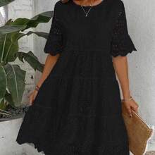 Women's Casual Vacation Solid Color Hollow-Out Embroidered Dress Summer Dress - Negro - Ver 5