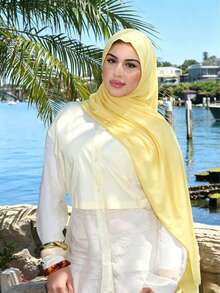 1 pieza Hijab de jersey, Hijab de modal, Tela de sudor de unicolor, Pañuelo para la cabeza suave y sedoso, cómodo y transpirable, Chal para la cabeza, Cobertura para la cabeza de jersey, Pañuelo para deportes, Adecuado para uso diario, al aire libre, oración, culto - Amarillo limón - Ver 2