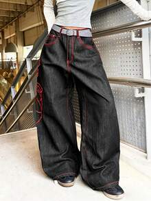 1 chiếc quần jeans ống rộng dáng suông phong cách đường phố Mỹ cổ điển, thêu họa tiết, thoải mái và đa năng (Không bao gồm thắt lưng/phụ kiện) - Đỏ - Xem 3