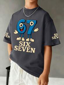67# Print Round Neck Casual T-Shirt For Boys, Soft & Comfortable, Suitable For Spring & Summer Wear - Dark Grey - View 3