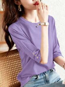 Button Design Casual Mid-Sleeve Top, New Summer Fashion Versatile Round Neck 3/4 Sleeve T-Shirt For Women, Slimming - Mauve Purple - View 4