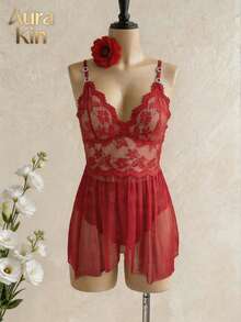 Red Floral Lace Mesh Cami Night Dress, Rhinestone Buckle Strap V Neck Flowy Hem Soft Ladies Casual Home Lounge Sleepwear - 紅色 - 查看 8