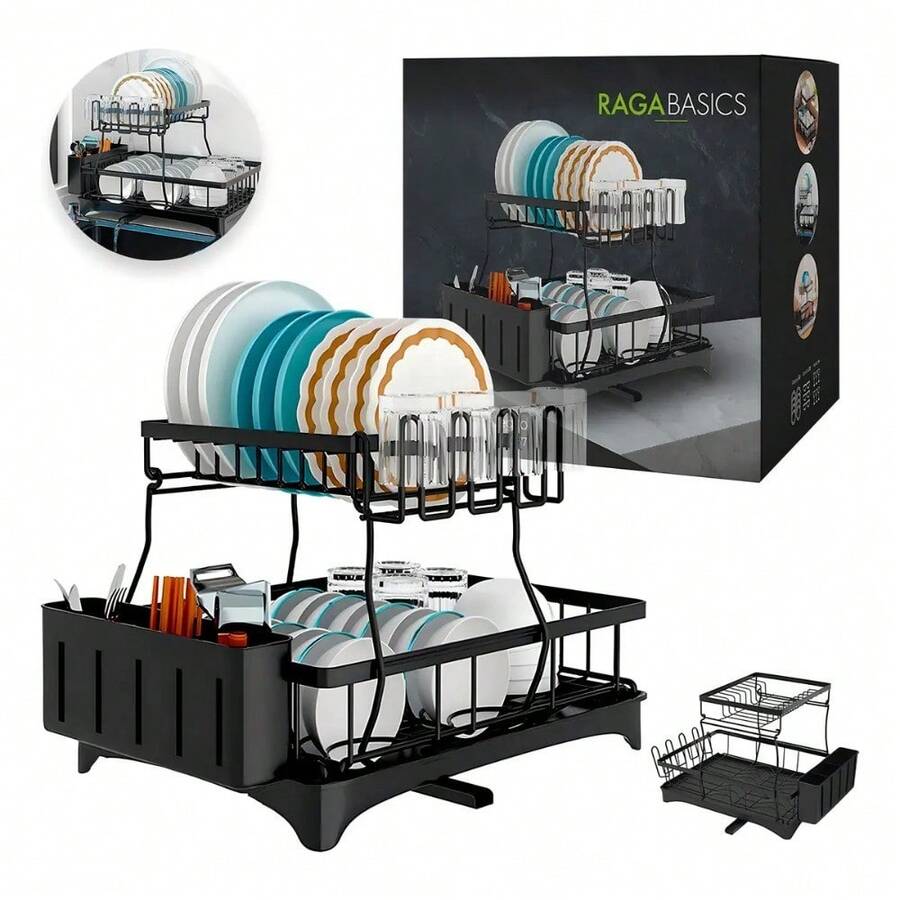 Escurridor Trastes Pro 2 niveles bandeja con canaleta 360° color negro - Ver 1