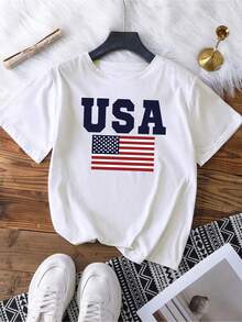 Plus Size Women's Summer US Flag Pattern Round Neck Short Sleeve T-Shirt, Suitable For Daily Wear Casual - White - View 2