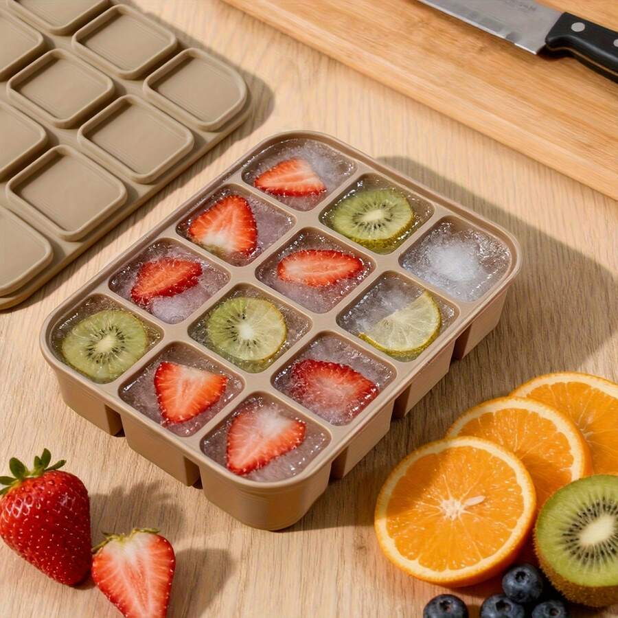 12孔硅胶托盘带盖，柔韧模具，易于脱模，适用于制作透明鸡尾酒/威士忌、熬制骨汤和准备餐食，可用洗碗机/烤箱清洗，可重复使用。