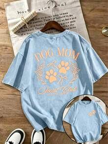 1pcs Women's Vintage Washed Soft Anime & Dog Mom Graphic T-Shirt,Paw Print & Social Lettering, Pet Lover Top-Back To School Shirt - 淺藍色 - 查看 12