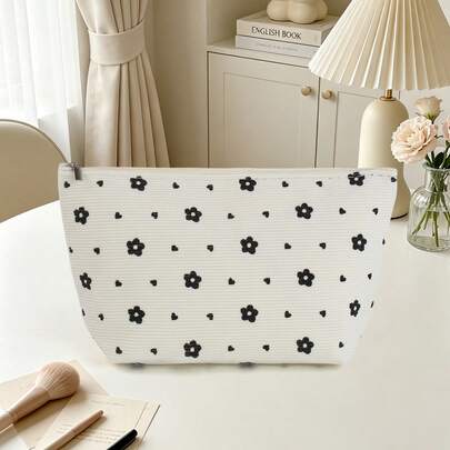 1pc Soft Handbag-Less Black Floral Heart Print Corduroy Cosmetic Bag, Minimalist Ins Style Zipper Portable Storage Pouch