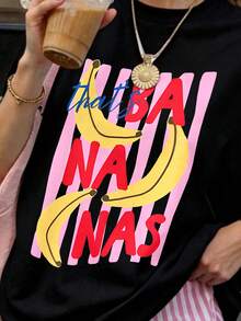 Plus Size Short Sleeve Round Neck T-Shirt, Funny Banana Pattern Print, High Elasticity Comfortable Fit, Summer Wear Casual - Black - View 4