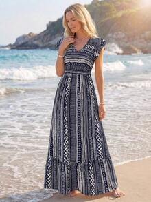 Vestido largo casual y retro para vacaciones, con cintura ceñida, para atuendo diario de primavera/verano, vestidos camiseros para mujer, casual - Azul - Ver 1