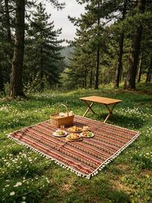 1pc Oversized Outdoor Picnic Blanket, Made Of High-Quality 100% Polyester Fabric, Elegant Green Leaf Print Design With Fringed Decor, Soft & Durable Foldable, Suitable For Forest Camping, Beach Vacation, Backyard Picnic And Family Gathering, Portable Decorative Camping Mat - Color - View 8