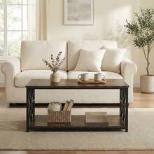 GOFLAME Rectangular Coffee Table With Open Storage Shelf, Industrial Farmhouse 2-Tier Accent Table, Heavy-Duty Metal Frame Center Table For Living Room, 109x50x48cm, Rustic Brown - Rust Brown - View 4